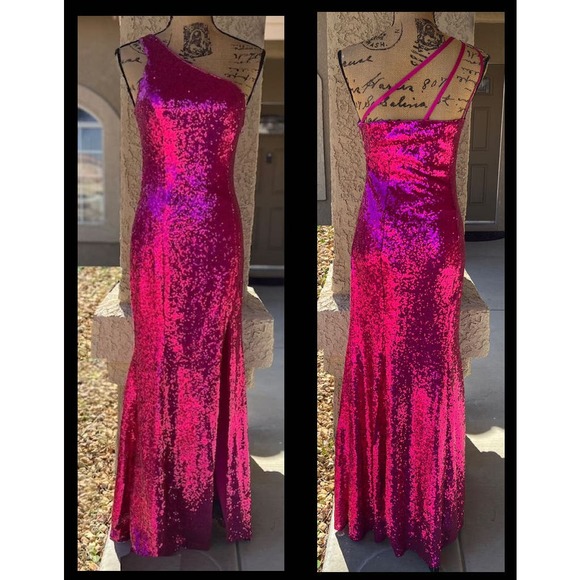 Lulus Magenta Sequin One Shoulder Mermaid Capture the Glam  Maxi Dress Size S - Picture 5 of 13